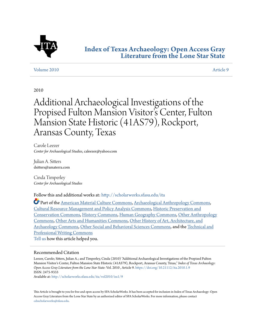 archaeological investigations of the propised fulton mansion visitor s center fulton mansion state historic 41as79 rockport aransas county texas