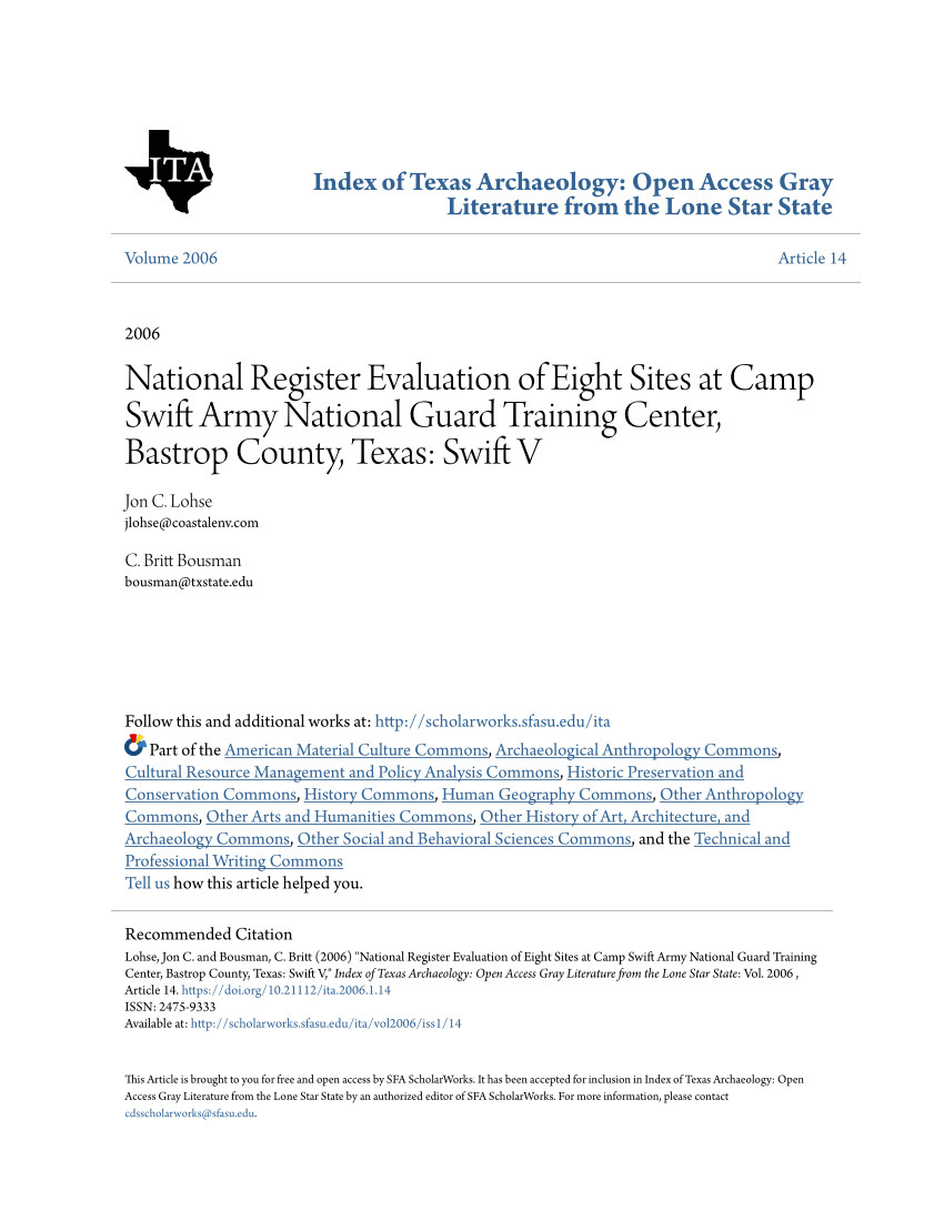 pdf national register evaluation of eight sites at camp swift army national guard training center bastrop county texas swift v