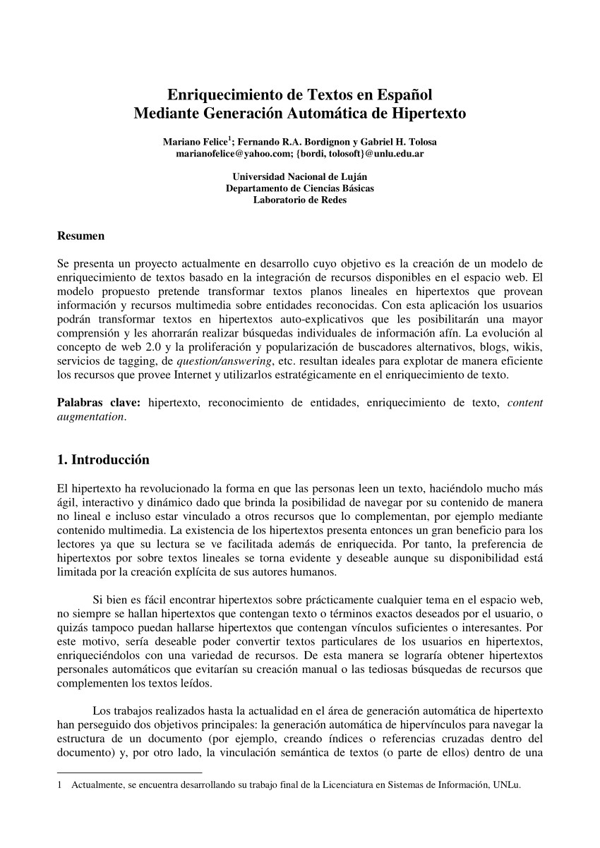 pdf enriquecimiento de textos en espaa ol mediante generacia n automatica de hipertexto