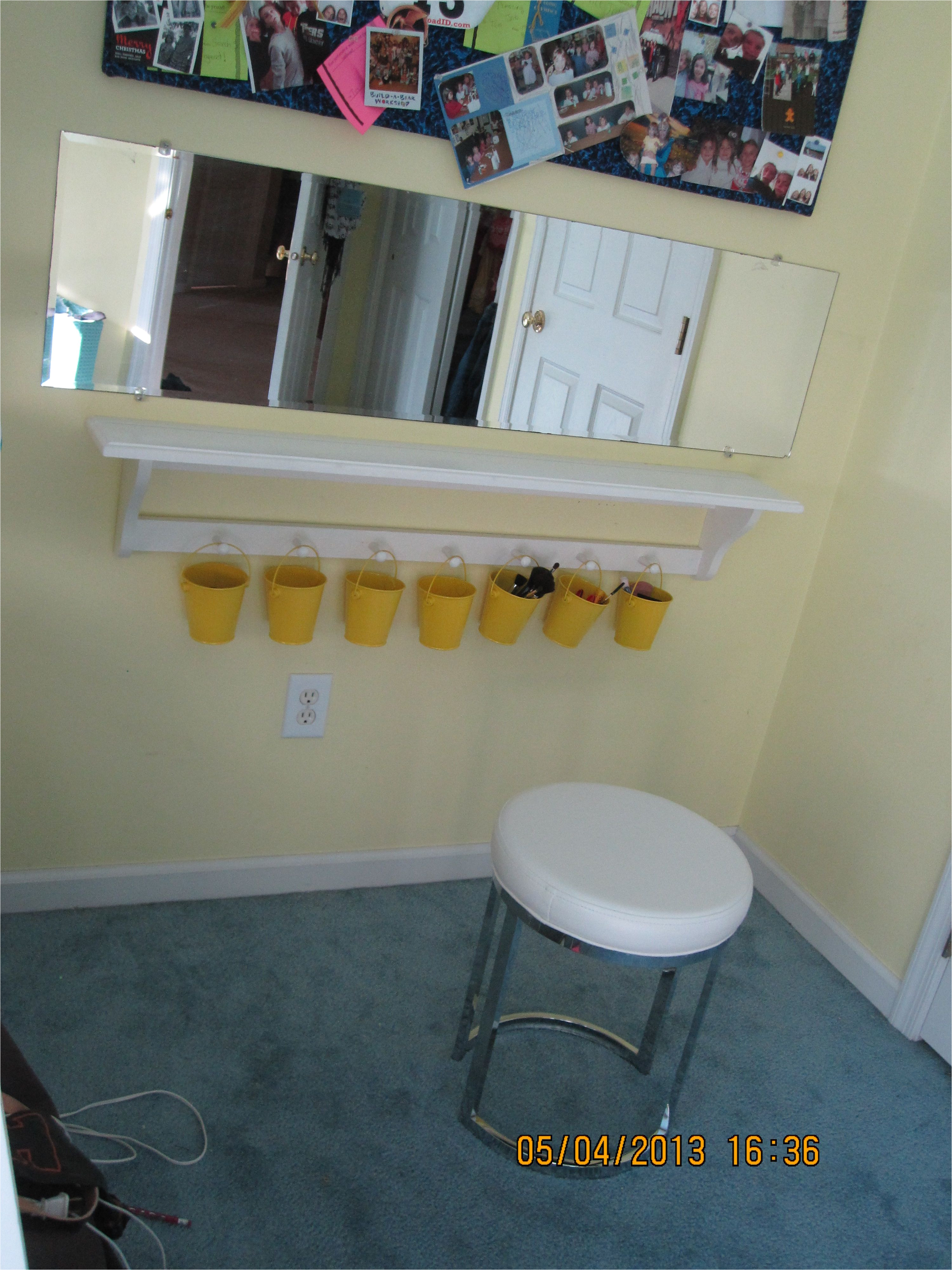 diy vanity makeup table out of shelf and mirror not a lot of wall floor space shelf w pegs and mini pails from target for eye pencils make up brushes