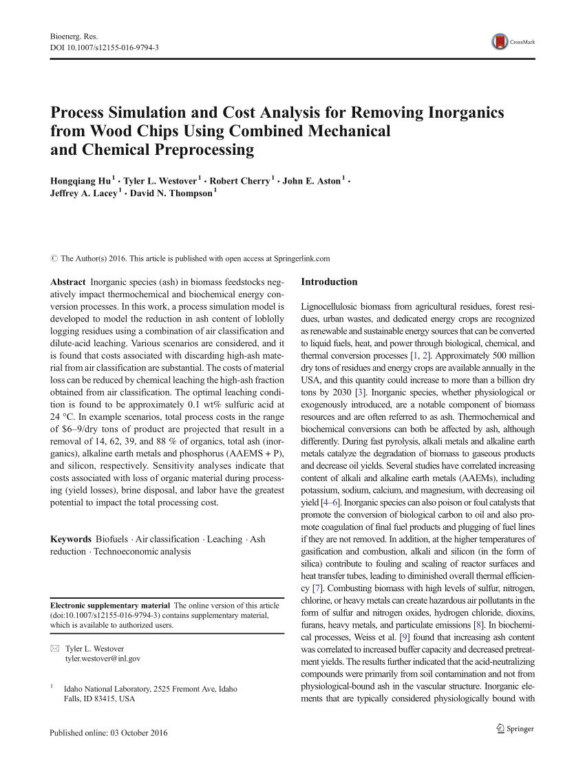 pdf process simulation and cost analysis for removing inorganics from wood chips using combined mechanical and chemical preprocessing