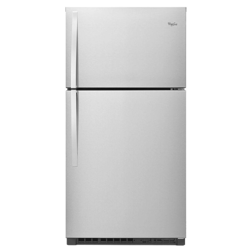 whirlpool 21 3 cu ft top freezer refrigerator in monochromatic stainless steel