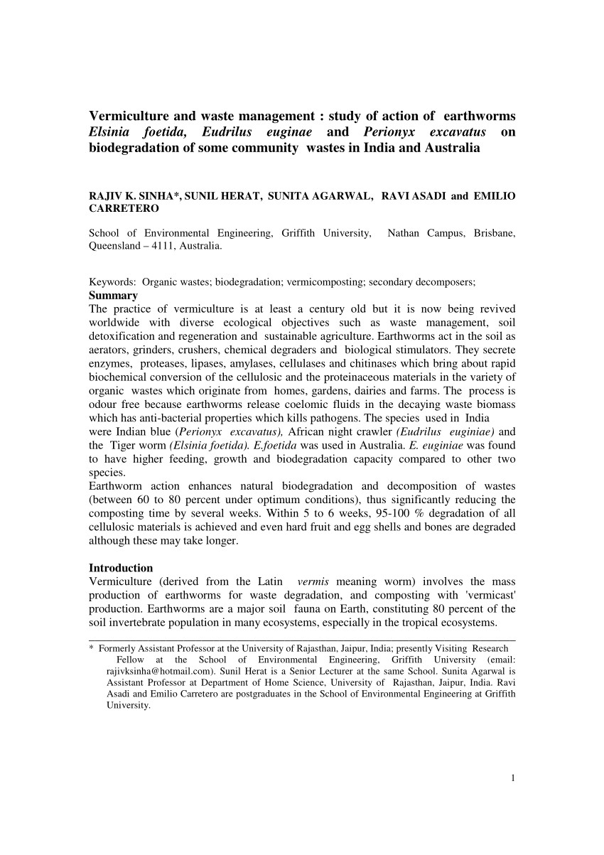 pdf vermiculture and waste management study of action of earthworms elsinia foetida eudrilus euginae and perionyx excavatus on biodegradation of some