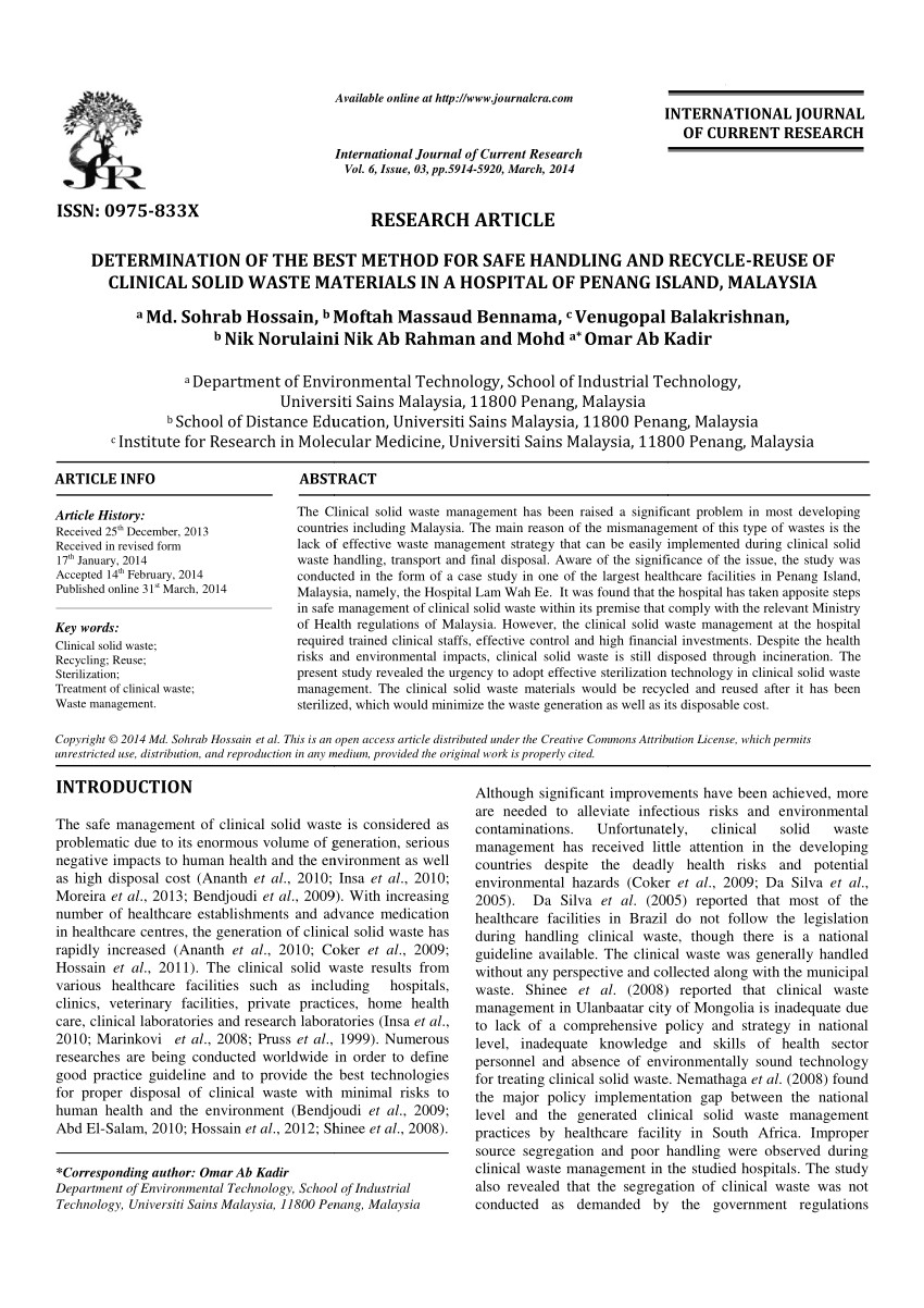 pdf treatment of clinical solid waste using a steam autoclave as a possible alternative technology to incineration