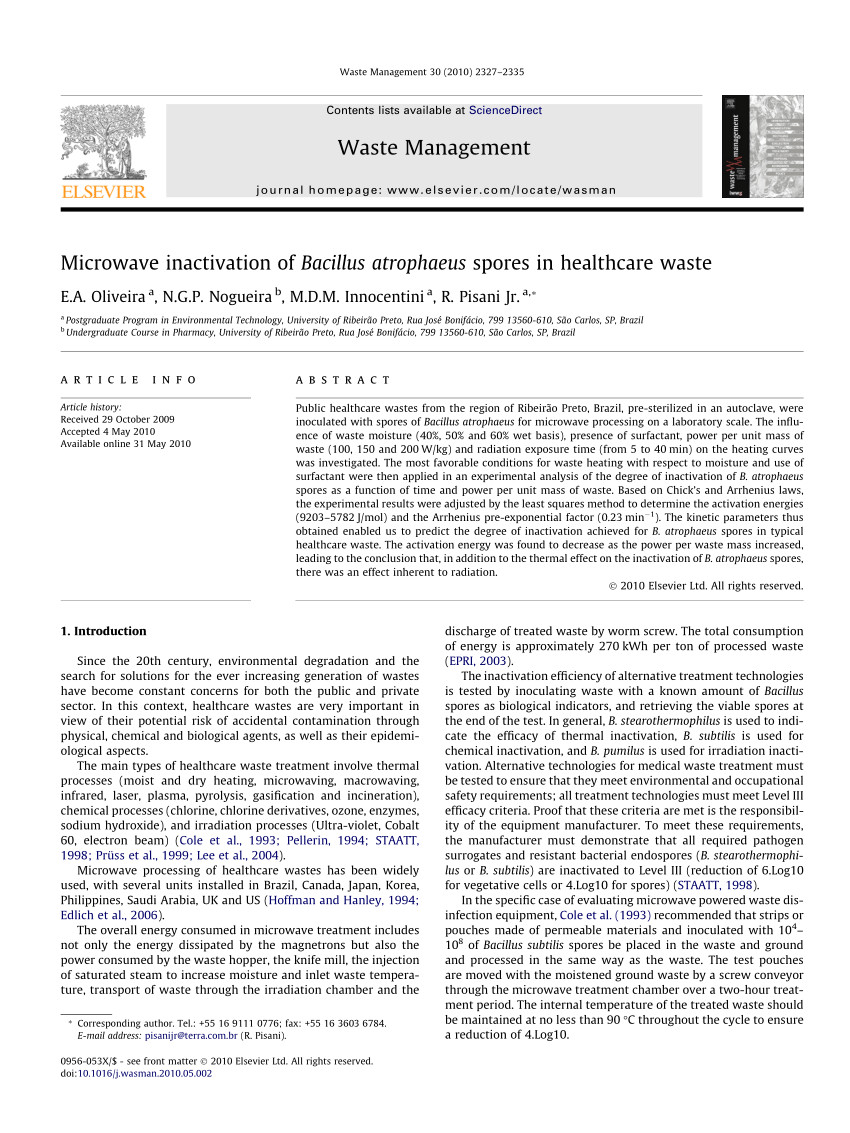 pdf treatment of clinical solid waste using a steam autoclave as a possible alternative technology to incineration