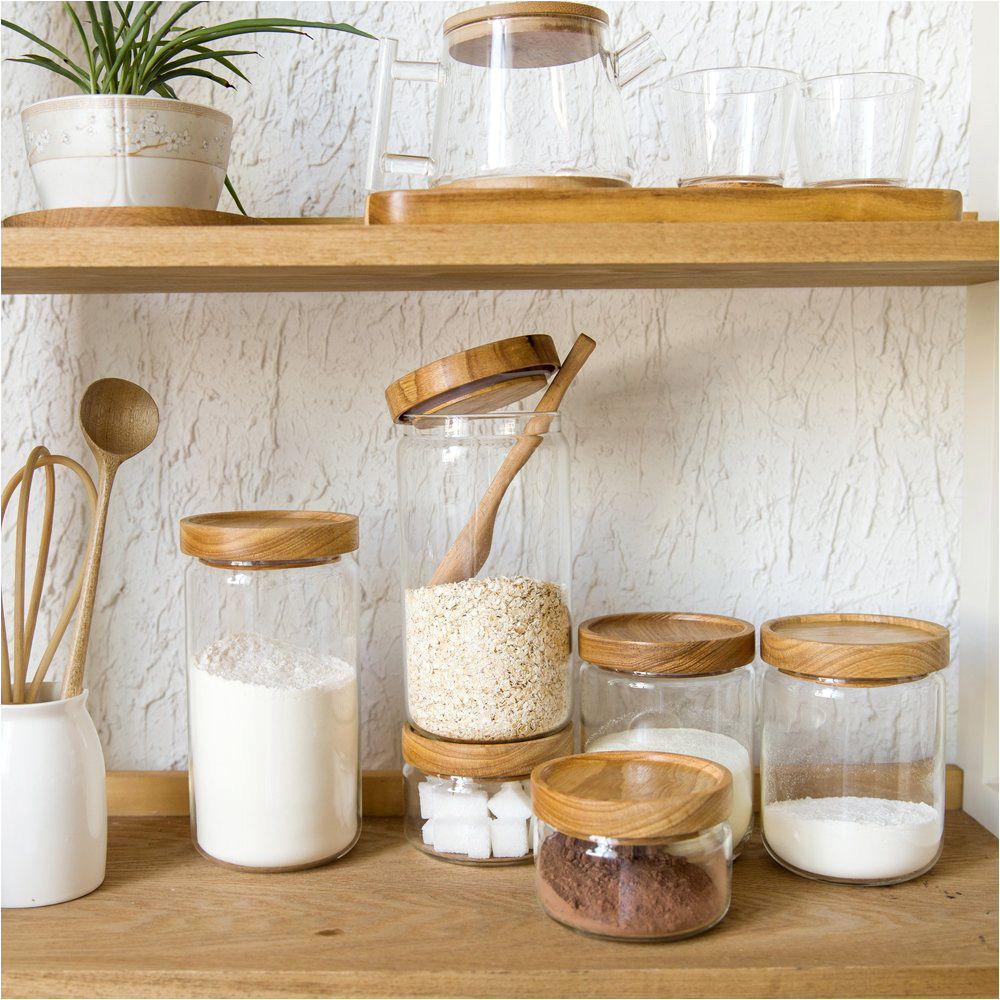 Weck Jars with Wood Lids Japan Zakka Style Glass Spice Jar Kitchen Canisters Cookie Jars