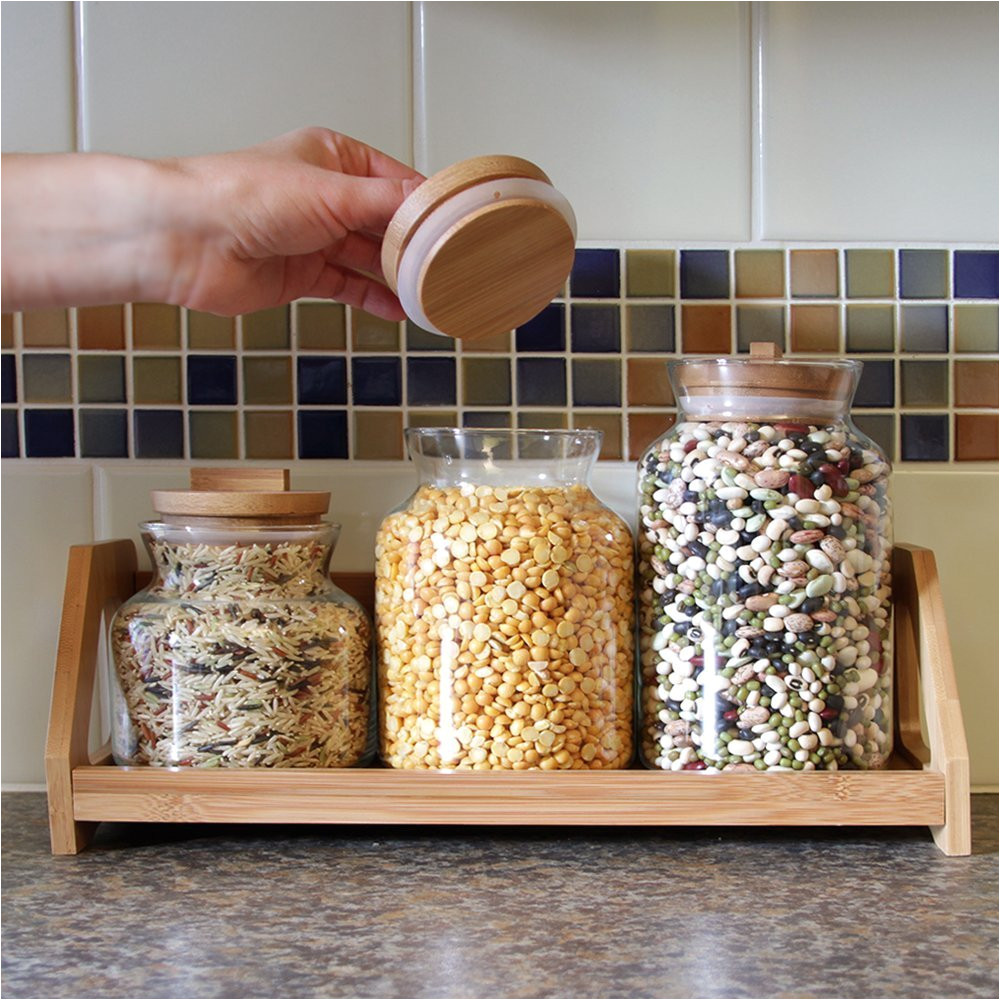 set of 3 glass storage jars containers plus bamboo stand tray shelf amazon co uk kitchen home