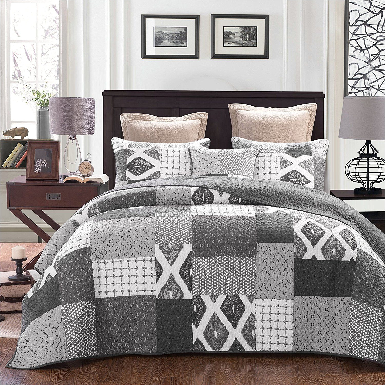 dada bedding classical shades of grey reversible cotton real patchwork quilted coverlet bedspread set