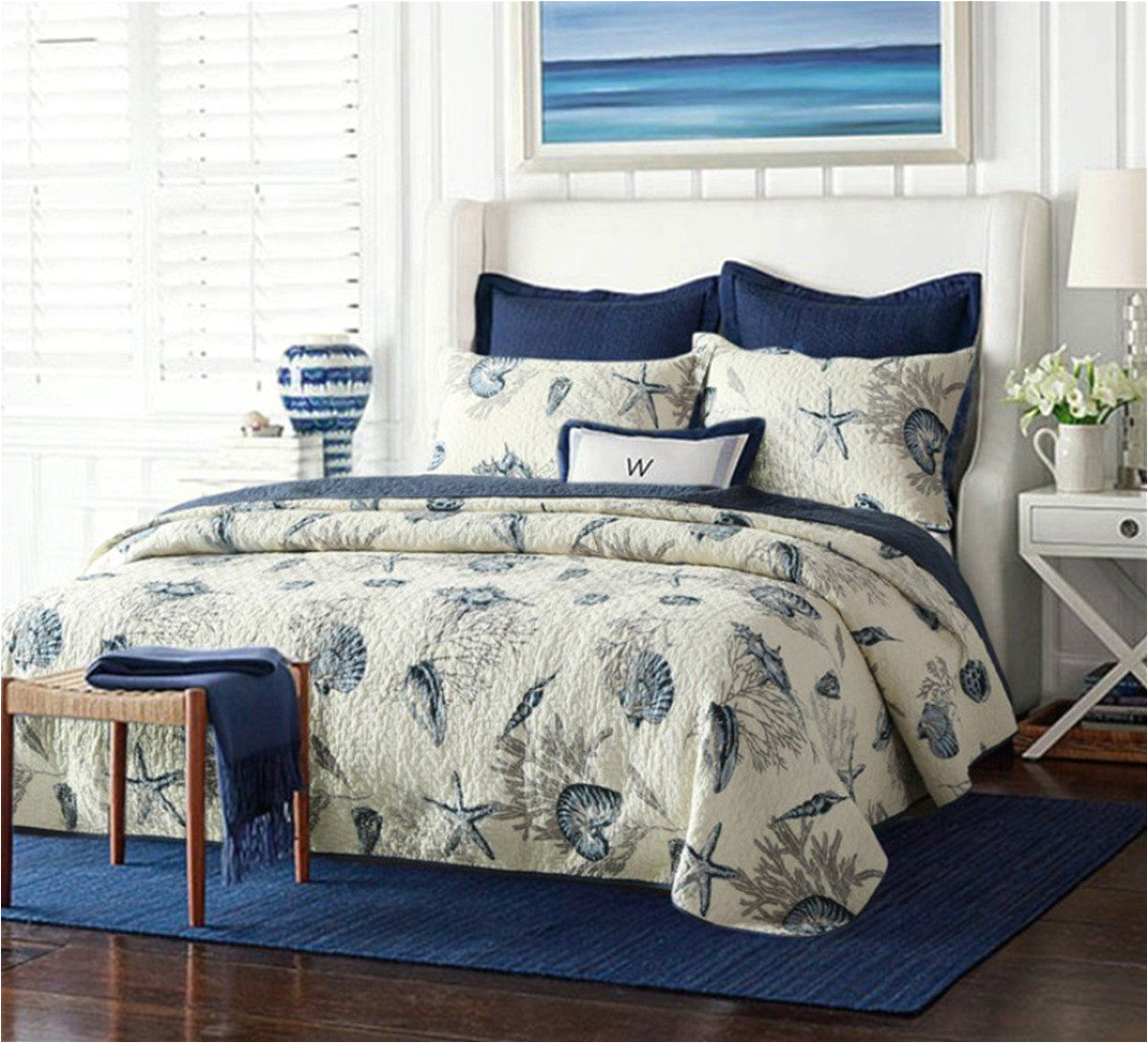 nautical queen quilt set 1 reversible bedspread and 2 pillowcases 100 cotton comfy navy