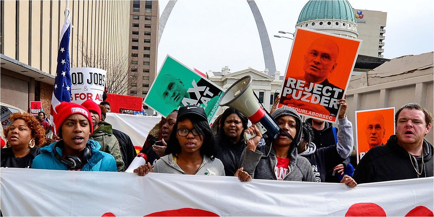 st louis mo february 13 protesters walk to a hardee s restaurant during a