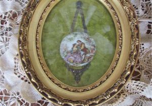 Antique Oval Picture Frames with Bubble Glass Reduced Vtg Gold Gesso Framed Porcelain Fragonard Style Young Lovers