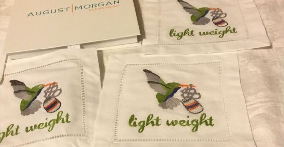 August Morgan Cocktail Napkins Set 4 Light Weight Hummingbird Hand Embroidered Cocktail Napkins