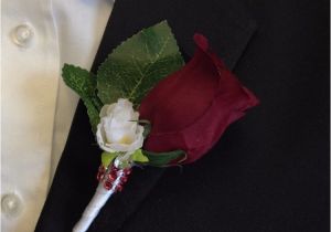 Burgundy Corsage and Boutonniere Boutonniere Burgundy Rosebud with Mini White Flower