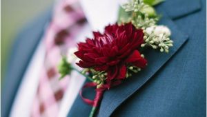 Burgundy Corsage and Boutonniere Boutonniere with Burgundy Dahlia and Seeded Eucalyptus