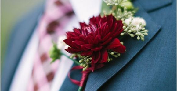 Burgundy Corsage and Boutonniere Boutonniere with Burgundy Dahlia and Seeded Eucalyptus