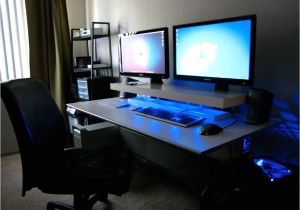 Diy Triple Monitor Stand Wood Dual Screens Blue Leds and A Diy Desk Shelf Office Spaces Desk