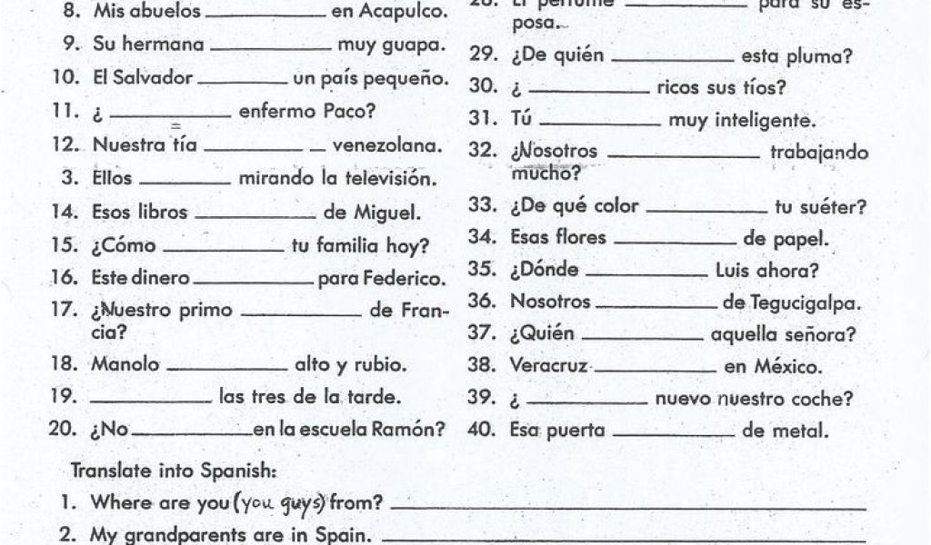 Ser Vs Estar Worksheet