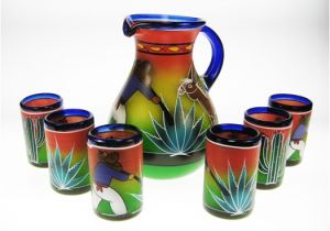 Mexican Hand Blown Drinking Glasses Mexican Glassware and Matching Pitcher Hand Blown Glassware