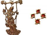 Wall Mounted Shoe Shine Stand Mable Metal Wall Hanging Radha Krishna with Jhoola In Copper Polish