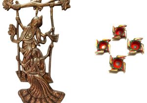 Wall Mounted Shoe Shine Stand Mable Metal Wall Hanging Radha Krishna with Jhoola In Copper Polish