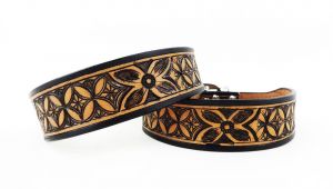 Western tooled Leather Dog Collars 10 Quot Black Tan Western Style Diamond Floral tooled
