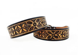 Western tooled Leather Dog Collars 10 Quot Black Tan Western Style Diamond Floral tooled