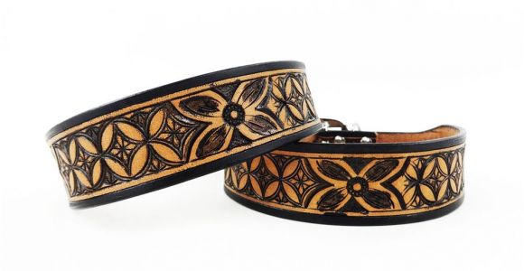 Western tooled Leather Dog Collars 10 Quot Black Tan Western Style Diamond Floral tooled
