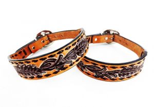 Western tooled Leather Dog Collars 18 Quot Handmade Western Cowboy Style Buck Stitch tooled